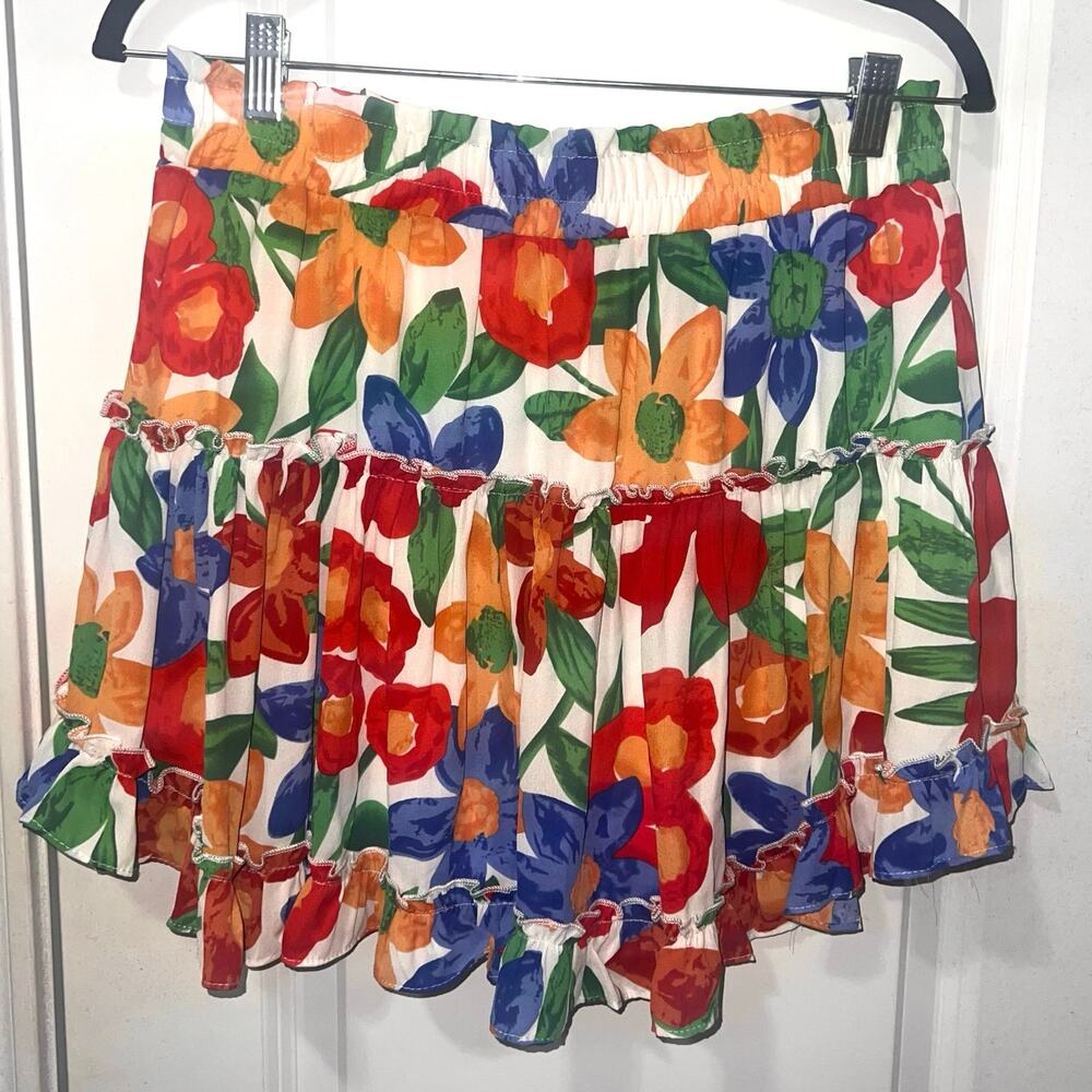 Adrienne Mini Skirt Size M Bright Floral Multicolor Ruffle Lined Colorful Short